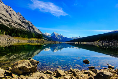 Scenic view of lake and mountains against blue sky