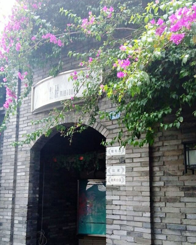 building exterior, built structure, architecture, flower, growth, plant, tree, text, house, brick wall, wall - building feature, outdoors, western script, nature, pink color, no people, day, low angle view, branch, wall