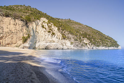 Scenic view of sea against clear blue sky