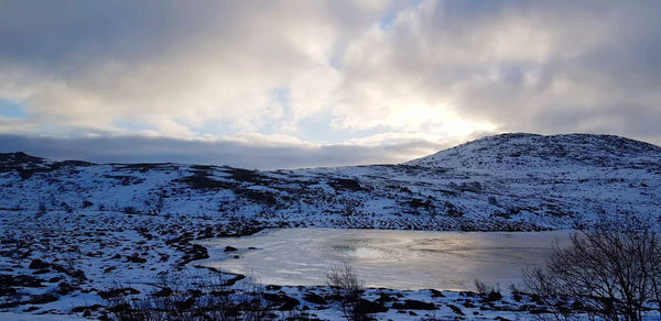 Scenic view of snow covered mountains against sky