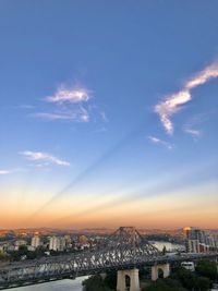 High angle view of city at sunset