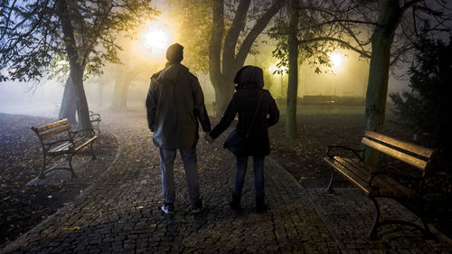 Rear view of couple holding hands while standing on footpath against trees