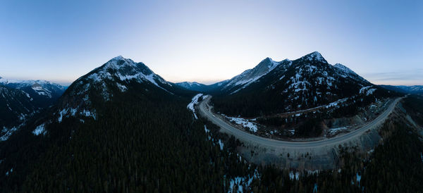 Panoramic view of snowcapped mountains against clear sky