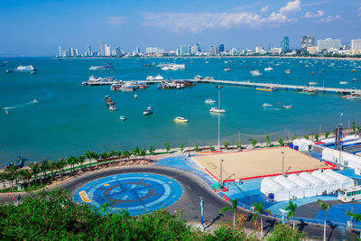 High angle view of city by sea against sky