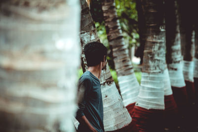 Man standing by tree in forest