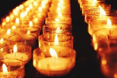Close-up of lit tea light candles