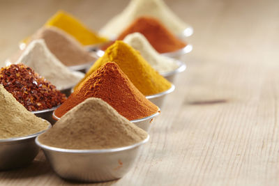 Close-up of various spices in containers on table