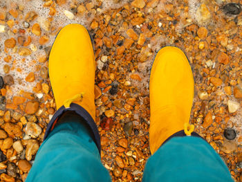 Low section of man standing on tiled floor