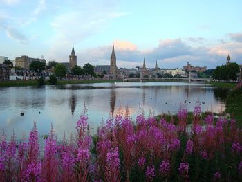 View of lake with city in background