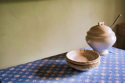 High angle view of tea cup on table