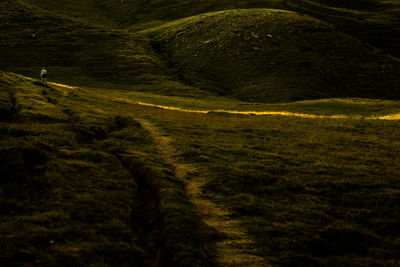 Distant unrecognizable hiker walking on trail leading through green grassy hilly valley in pyrenees mountains in summer morning