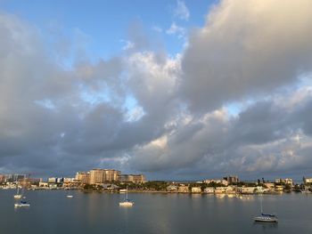 Panoramic view of sea and buildings against sky