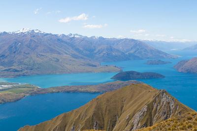 Panoramic view of lake and mountains against sky