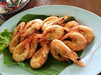 High angle view of seafood in plate on table