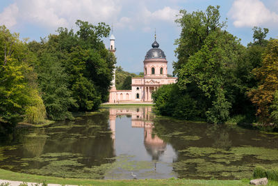 Reflection of trees and building in lake