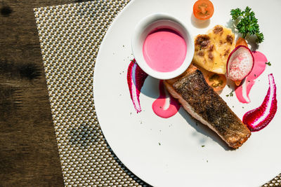 High angle view of breakfast served on table