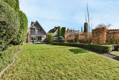 Courtyard with grassy lawn and green lush bushes near residential house located against blue sky in countryside on summer day