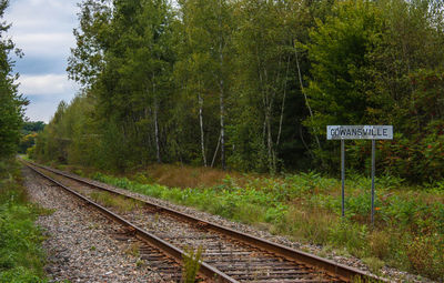 Railroad track by trees against sky