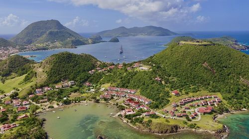 High angle view of bay against sky