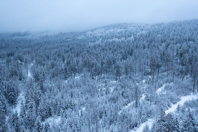 Scenic view of snow covered land against sky