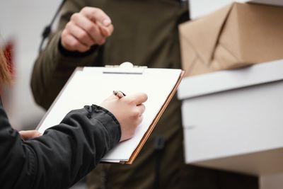 Midsection of man holding paper while standing against wall