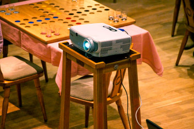 Close-up of camera on table