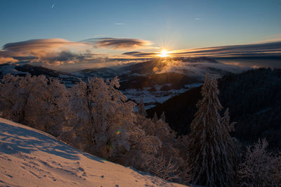 Scenic view of snowcapped mountains against sky during sunset