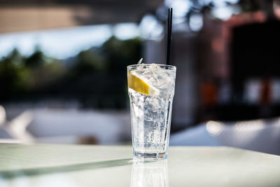 Close-up of watter glass on the table