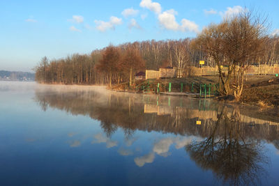 Reflection of trees in lake against sky