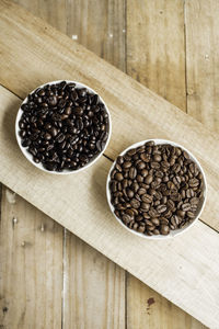 High angle view of coffee beans in bowl