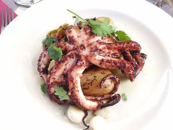 High angle view of meat in plate