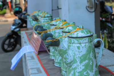 Close-up of plastic hanging on table