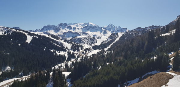 Panoramic shot of snowcapped mountains against clear sky