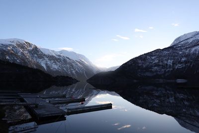 Scenic view of lake by snowcapped mountains against sky