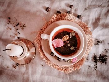 High angle view of tea cup on table