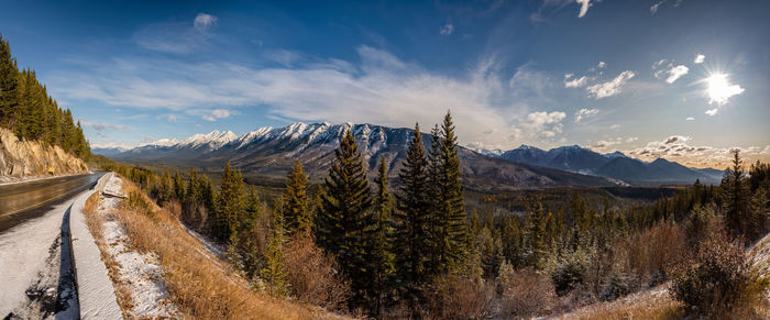 Panoramic view of snowcapped mountains against sky