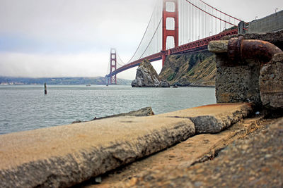 View of suspension bridge over sea