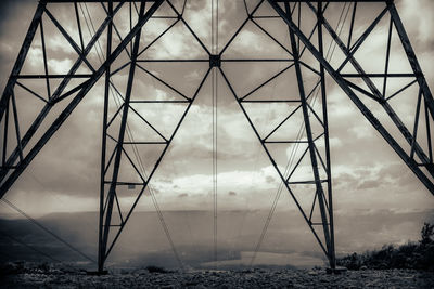 Low angle view of electricity pylon against sky