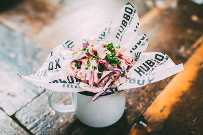 High angle view of bouquet on table