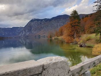 Scenic view of lake by mountains against sky