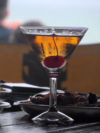 Close-up of beer glass on table