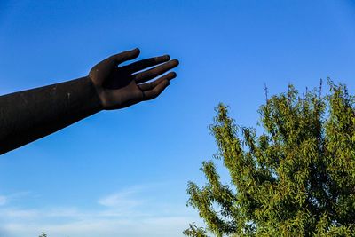 Low angle view of hand holding tree against clear blue sky