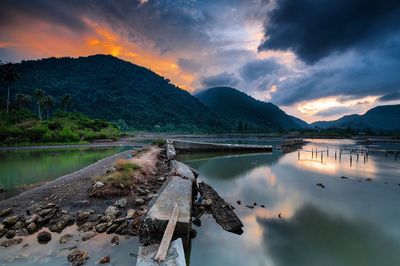 Panoramic view of lake against sky during sunset