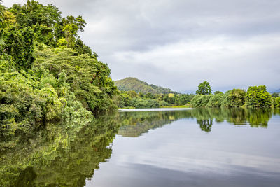 Scenic view of lake by trees against sky