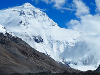 Low angle view of snowcapped mountains against sky