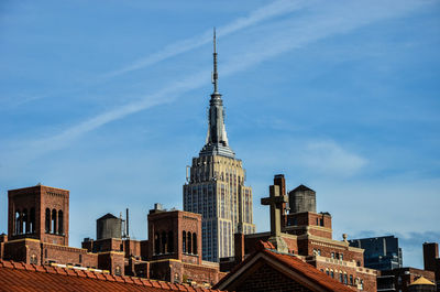 Church against empire state building amidst towers in city