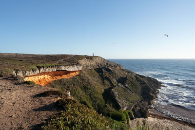 Scenic view of sea against clear blue sky