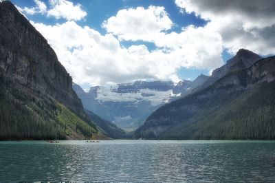 Scenic view of lake and mountains against sky