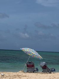 Lifeguard hut on beach against sky