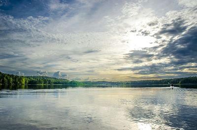 Scenic view of lake against cloudy sky